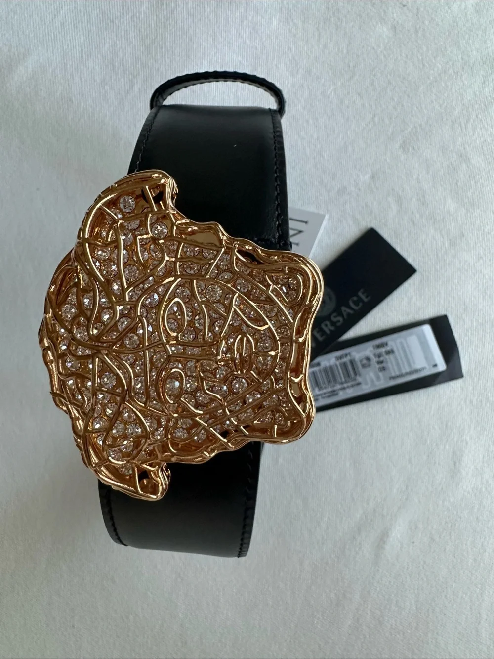 Versace Black Leather Belt with Gold Crystal Medusa Motif Buckle